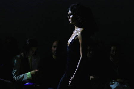 KYIV, UKRAINE - SEPTEMBER 2, 2021: Model presents a creation by designer VOROZHBYT&ZEMSKOVA during Ukrainian Fashion NoSeason Sept 2021 at Mystetskyi Arsenal in Kyiv, Ukraineのeditorial素材