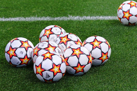 KYIV, UKRAINE - SEPTEMBER 14, 2021: Official UEFA Champions League 2021-2022 season match balls on the grass during the UEFA Champions League game Dynamo Kyiv v Benfica at NSC Olimpiyskyi stadiumのeditorial素材