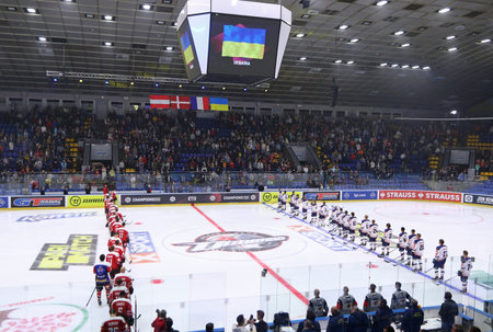 KYIV, UKRAINE - SEPTEMBER 3, 2021: Players of HC Donbass Donetsk (in Red) and Rungsted Seier Capital listen to national anthems before their Champions Hockey League game at Palace of Sports in Kyivのeditorial素材