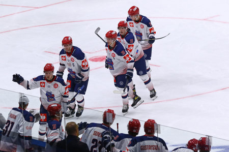 KYIV, UKRAINE - SEPTEMBER 3, 2021: Players of Rungsted Seier Capital after scored a goal during the Champions Hockey League game against HC Donbass celebrates at Palace of Sports. Rungsted won 3-2のeditorial素材