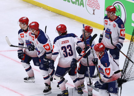 KYIV, UKRAINE - SEPTEMBER 3, 2021: Players of Rungsted Seier Capital after scored a goal during the Champions Hockey League game against HC Donbass celebrates at Palace of Sports. Rungsted won 3-2のeditorial素材