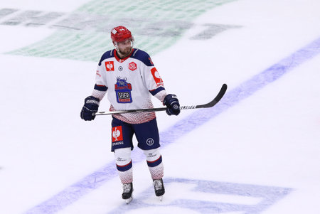 KYIV, UKRAINE - SEPTEMBER 3, 2021: Frederik Bjerrum of Rungsted Seier Capital in action during the Champions Hockey League game against HC Donbass at Palace of Sports in Kyiv. Rungsted won 3-2のeditorial素材