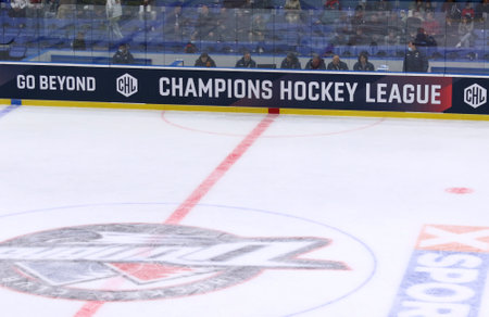 KYIV, UKRAINE - SEPTEMBER 3, 2021: Champions Hockey League (CHL) banner on a board of the rink of Palace of Sports during the Champions Hockey League game HC Donbass Donetsk v Rungsted Seier Capitalのeditorial素材