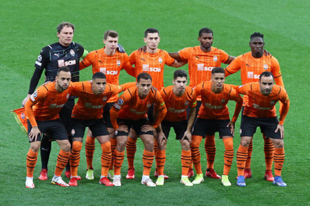 KYIV, UKRAINE - SEPTEMBER 28, 2021: Shakhtar Donetsk players pose for a group photo before UEFA Champions League game against Internazionale at NSC Olimpiyskyi stadium in Kyiv, Ukraineのeditorial素材