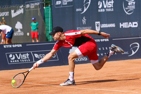 KYIV, UKRAINE - SEPTEMBER 7, 2021: Joris DE LOORE of Belgium in action during ATP Challenger Kyiv Open game against Georgii KRAVCHENKO of Ukraine at Kyiv Tennis Park in Kyivのeditorial素材