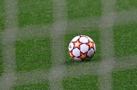 KYIV, UKRAINE - NOVEMBER 2, 2021: Official UEFA Champions League 2021-22 season matchball on the grass during the UEFA Champions League game Dynamo Kyiv v Barcelona at NSC Olimpiyskyi stadiumのeditorial素材
