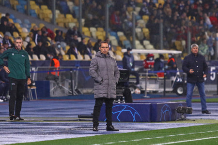 KYIV, UKRAINE - NOVEMBER 2, 2021: Head coach Sergi Barjuan of Barcelona looks on during the UEFA Champions League game against Dynamo Kyiv at NSC Olimpiyskyi stadium in Kyiv. Barcelona won 1-0のeditorial素材