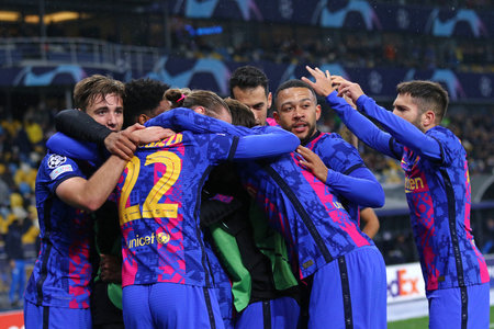 KYIV, UKRAINE - NOVEMBER 2, 2021: Barcelona players celebrate after scored a goal during the UEFA Champions League game against Dynamo Kyiv at NSC Olimpiyskyi stadium in Kyiv. Barcelona won 1-0のeditorial素材