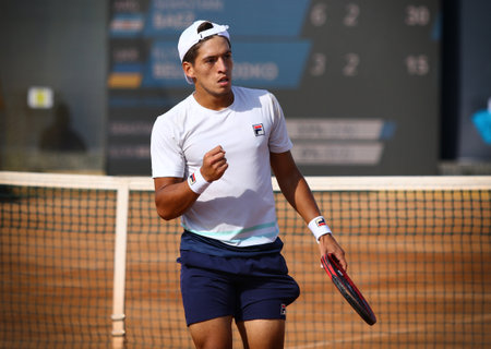 KYIV, UKRAINE - SEPTEMBER 7, 2021: Sebastian BAEZ of Argentina reacts after won the point during ATP Challenger Kyiv Open game against Illya BELOBORODKO of Ukraine at Kyiv Tennis Park in Kyiv, Ukraineのeditorial素材