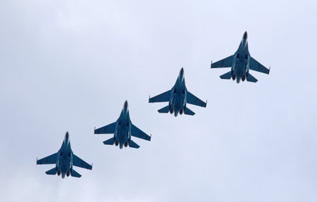 Kyiv, Ukraine - August 24, 2021: Ukrainian Air Force Su-27 Flanker planes in the sky over Kyiv...