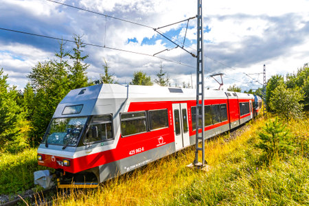High Tatras, Slovakia - July 2018: Tatra Electric Railways (TEZ-TER) train (also known as Tatra...