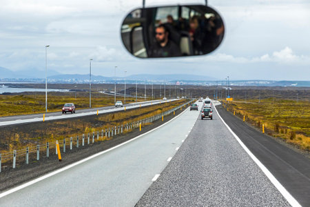 View of Route 41, known as Reykjanesbraut in Icelandic, highway and the main road in southwest Iceland, running along the northern shore of Reykjanes Peninsula from KeflavÃ­k Airport to Reykjavikの写真素材