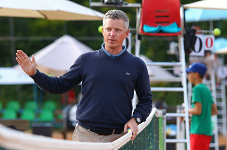 KYIV, UKRAINE - SEPTEMBER 7, 2021: Chair umpire (tennis referee) in action before the ATP Challenger Kyiv Open game Sergiy STAKHOVSKY (Ukraine) v Jelle SELS (Netherlands) at Kyiv Tennis Park in Kyivのeditorial素材