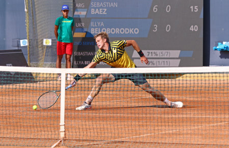 KYIV, UKRAINE - SEPTEMBER 7, 2021: Illya BELOBORODKO of Ukraine in action during ATP Challenger Kyiv Open game against Sebastian BAEZ of Argentina at Kyiv Tennis Park in Kyivのeditorial素材