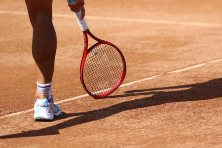 KYIV, UKRAINE - SEPTEMBER 7, 2021: Sebastian BAEZ of Argentina shows the ball mark on a clay court during ATP Challenger Kyiv Open game against Illya BELOBORODKO of Ukraine at Kyiv Tennis Park in Kyivのeditorial素材