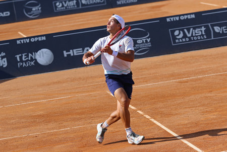 KYIV, UKRAINE - SEPTEMBER 7, 2021: Sebastian BAEZ of Argentina in action during ATP Challenger Kyiv Open game against Illya BELOBORODKO of Ukraine at Kyiv Tennis Park in Kyivのeditorial素材