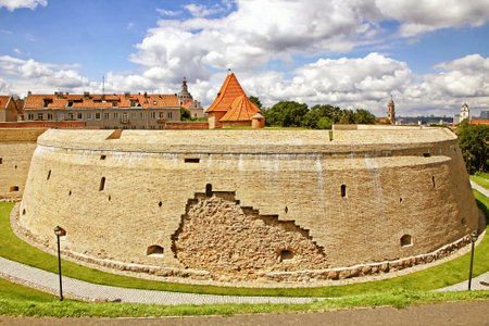 The bastion of the defensive walls of Vilnius, Lithuania. Fortification structure was built in 17 century. The part of the defensive wall around Vilnius. View from Basteja hillのeditorial素材
