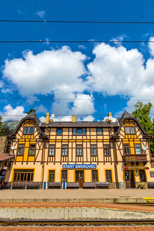 High Tatras, Slovakia - July 2018: Stary Smokovec - junction railway station of Tatra Electric Railways (TEZ-TER) (also known as Tatra tram) in High Tatras mountains, Slovakia. Station opened in 1908のeditorial素材