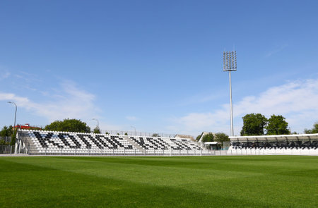 Kovalivka, Ukraine - September 2, 2020: Tribunes of Kolos Stadium football venue in Kovalivka village, Kyiv Oblast. The host stadium of football club FC Kolos Kovalivka. Capacity 5000 spectatorsのeditorial素材