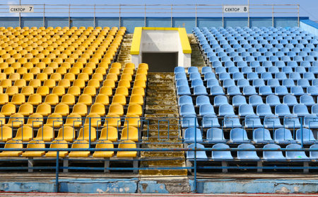Uzhhorod, Ukraine - August 29, 2022: Empty tribunes of Avanhard Stadium football venue in Uzhhorod...