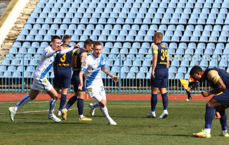 Uzhhorod, Ukraine - March 12, 2023: Vitalii Buialskii of Dynamo Kyiv (C) celebrates after scored a goal during the VBET Ukrainian Premier League game against SC Dnipro-1 at Avanhard stadiumのeditorial素材