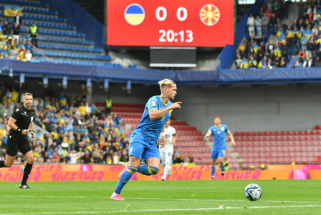 Prague, Czechia - October 14, 2023: Mykhailo Mudryk of Ukraine controls a ball during the UEFA EURO 2024 Qualifying game Ukraine v North Makedonia at Epet Arena in Prague. Ukraine won 2-0のeditorial素材