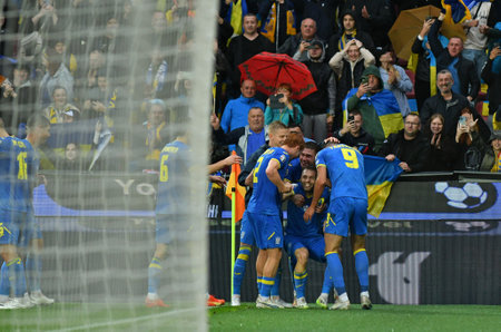 Prague, Czechia - October 14, 2023: Ukrainian players celebrate after Oleksandr Karavaiev (C) scored a goal during the UEFA EURO 2024 Qualifying game against North Makedonia at Epet Arena in Pragueのeditorial素材