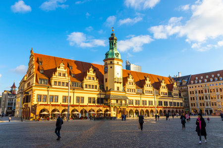 Leipzig, Germany - October 28, 2022: People walk on Markt square (German: Marktplatz) in Leipzig city. Old Town Hall building (German: Altes Rathaus) on backgroundのeditorial素材