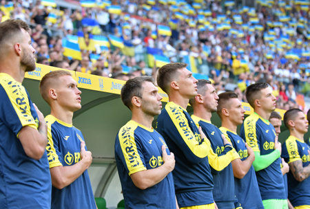 Wroclaw, Poland - September 9, 2023: Players of Ukraine National Team listen to National anthem before the UEFA EURO 2024 Qualifying game Ukraine v England at Tarczynski Arena in Wroclaw, Polandのeditorial素材