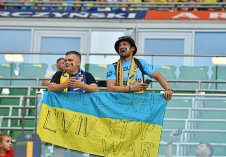 Wroclaw, Poland - September 9, 2023: Ukrainian supporters show their support during the UEFA EURO 2024 Qualifying game Ukraine v England at Tarczynski Arena in Wroclaw, Polandのeditorial素材
