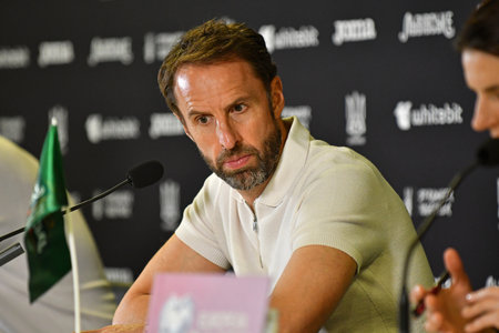 Wroclaw, Poland - September 9, 2023: English manager Gareth Southgate attends press-conference after the UEFA EURO 2024 Qualifying game Ukraine v England at Tarczynski Arena in Wroclaw, Polandのeditorial素材