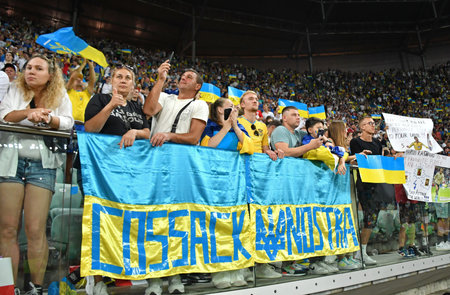 Wroclaw, Poland - September 9, 2023: Tribunes of Tarczynski Arena in Wroclaw crowded with Ukrainian supporters seen during the UEFA EURO 2024 Qualifying game Ukraine v England. Game draw 1-1のeditorial素材