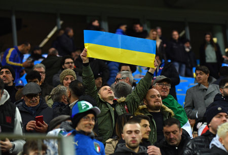 Leverkusen, Germany - November 20, 2023: Ukrainian supporters show their support during the UEFA EURO 2024 Qualifying game Ukraine v Italy at BayArena stadium in Leverkusen, Germanyのeditorial素材
