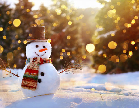 Cheerful snowman standing in winter Christmas landscape. Sunny winter day. Travel festive concept. Bokeh effect. AI-generated imageの素材