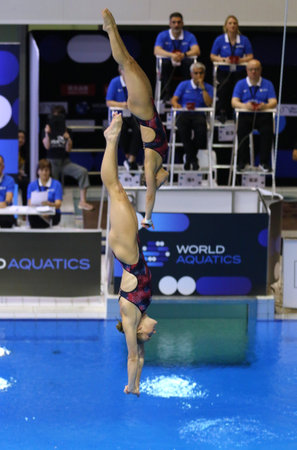 Berlin, Germany - March 23, 2024: Jessica PARRATTO and Delaney SCHNELL of USA perform during Women's Synchronized 10m Platform Final of the World Aquatics Diving World Cup 2024 in Berlin, Germanyのeditorial素材