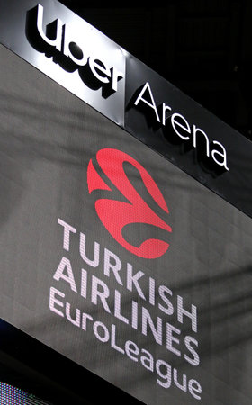 Berlin, Germany - April 4, 2024: UBER Arena and Turkish Airlines EuroLeague logos under the roof of UBER arena in Berlin during the Turkish Airlines EuroLeague game ALBA Berlin v Partizan Belgradeのeditorial素材