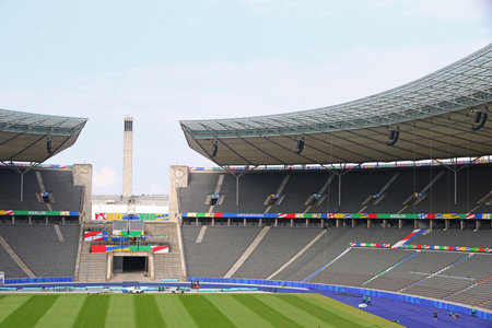 Berlin, Germany - June 7, 2024: Panorama of Olympiastadion Berlin decorated in UEFA EURO 2024 set-up, seen during the Open Media Day in week before the UEFA EURO 2024 Tournamentのeditorial素材