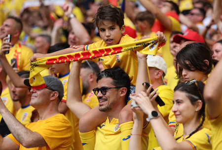 Munich, Germany - June 17, 2024: Romanian supporters show their support during the UEFA EURO 2024 group stage match Romania v Ukraine at Munich Football Arena in Munich, Germanyのeditorial素材