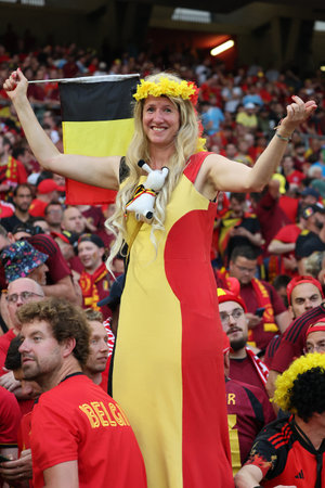 Stuttgart, Germany - June 26, 2024: Belgian supporters show their support during the UEFA EURO 2024 group stage match Ukraine v Belgium at Stuttgart Arena in Stuttgart, Germanyのeditorial素材