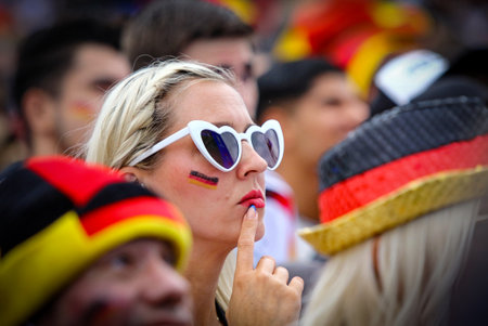 Berlin, Germany - July 5, 2024: Emotions of German football fans seen at the Fan zone at the Brandenburg Gate in Berlin during the UEFA EURO 2024 quarter-final game Spain v Germanyのeditorial素材