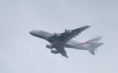 Dusseldorf, Germany - June 21, 2024: Airbus A380-861 operated by Emirates Airline (registration...
