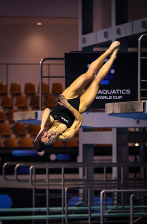 Berlin, Germany - March 22, 2024: Kassidy COOK of USA performs during Mixed 3m & 10m Team Event Final of the World Aquatics Diving World Cup 2024 in Berlin, Germanyのeditorial素材