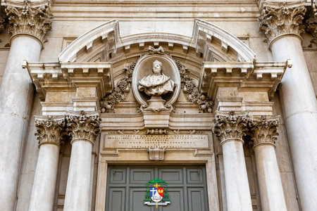 Details of facade of the Duomo Nuovo (New Cathedral), the largest Catholic church in Brescia, Italyの写真素材