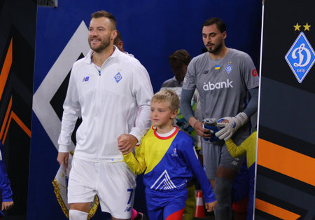 Hamburg, Germany - September 25, 2024: Captain Andriy Yarmolenko (L) and goalkeeper Georgiy Bushchan go to the pitch before the UEFA Europa League game against Lazio at Volksparkstadion in Hamburgのeditorial素材