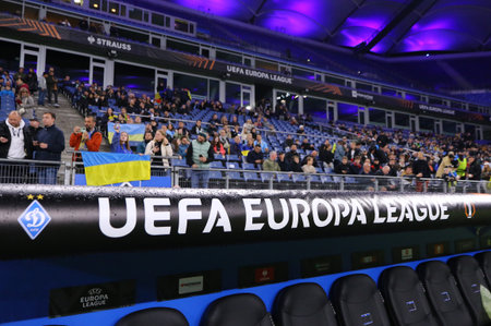 Hamburg, Germany - September 25, 2024: Team bench at Volksparkstadion in Hamburg featuring UEFA Europa League branding and FC Dynamo Kyiv logo during the UEFA Europa League game Dynamo Kyiv v Lazioのeditorial素材