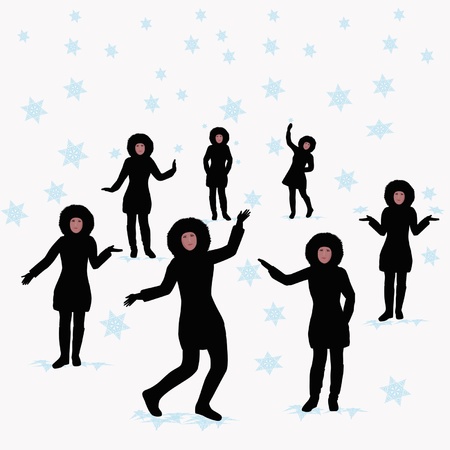 Women in winter clothes catch snowflakesのイラスト素材