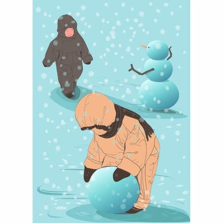Two kids build a snowmanのイラスト素材