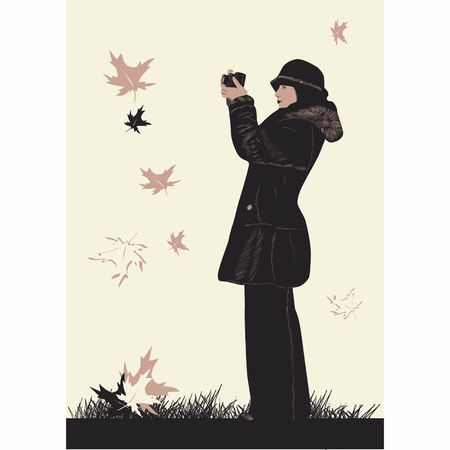 One young woman takes the picture of autumn maple leavesのイラスト素材