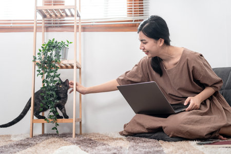 Beautiful woman is using laptop to watching the movie and playing with a lovely cat while sitting to relaxation on carpet in the living room.の写真素材