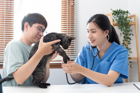Veterinarian woman in blue uniform checks the health of pet appointment on a metal table while listening to the heart of a lovely cat with stethoscope in veterinary clinic.の写真素材